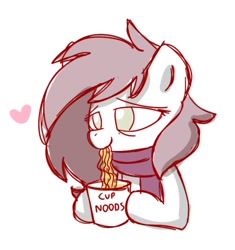 Size: 404x429 | Tagged: safe, artist:sugar morning, oc, oc only, oc:depression, bags under eyes, bust, clothing, cup noodles, doodle, food, heart, messy mane, noodle, portrait, scarf, simple background, sketch, sleepy, smiling, solo, tired, white background