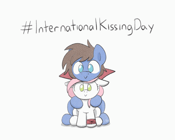 Size: 560x448 | Tagged: safe, artist:sugar morning, oc, oc only, oc:bizarre song, oc:sugar morning, species:pegasus, species:pony, animated, cape, clothing, couple, cute, female, frame by frame, heart, international kissing day, kissing, looking at you, male, mare, messy mane, ocbetes, perfect loop, shipping, simple background, sitting, squigglevision, stallion, sugarre, text, white background