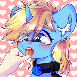 Size: 2000x2000 | Tagged: safe, artist:etoz, oc, oc only, oc:skydreams, species:pony, species:unicorn, blushing, collar, drool, ear fluff, female, femsub, finger in mouth, gem, hand, heart, leash, mare, offscreen character, pet play, pony pet, salivating, solo, submissive, tongue out, ych result