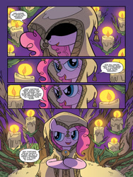Size: 768x1024 | Tagged: safe, artist:kate sherron, idw, official comic, character:pinkie pie, species:earth pony, species:pony, candle, cloak, clothing, comic, dialogue, dungeon master, female, hood, mare, preview, speech bubble