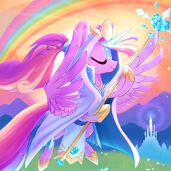 Size: 1080x1080 | Tagged: safe, artist:meekcheep, idw, character:princess cadance, species:alicorn, species:pony, legends of magic, cover, eyes closed, female, flying, hoof hold, majestic, mare, rainbow
