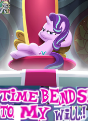 Size: 626x853 | Tagged: safe, artist:horsesplease, edit, idw, character:derpy hooves, character:doctor whooves, character:starlight glimmer, character:time turner, angry, caption, chronokinesis, evil grin, expand dong, exploitable meme, image macro, meme, s9 throne series, smiling, text, this will end in communism, this will end in timeline distortion, time travel, wow! glimmer
