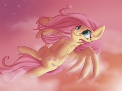 Size: 2592x1936 | Tagged: dead source, safe, artist:lolepopenon, character:fluttershy, species:pegasus, species:pony, cloud, cute, flying, on back, pink cloud, pink sky, shyabetes, smiling, solo, stars