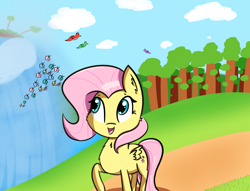 Size: 1975x1508 | Tagged: safe, artist:artiks, character:fluttershy, species:bird, species:pegasus, species:pony, newbie artist training grounds, atg 2019, butterfly, cheek fluff, chest fluff, cute, ear fluff, female, mare, open mouth, shyabetes, smiling, solo, waterfall