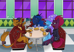 Size: 3507x2480 | Tagged: safe, artist:lavenderrain24, idw, character:capper dapperpaws, character:princess luna, character:stygian, character:tempest shadow, character:trixie, my little pony: the movie (2017), food, french fries, hay fries, nightmare knights