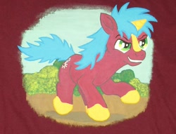 Size: 1022x782 | Tagged: safe, artist:malte279, oc, oc:multi purpose, species:pony, species:unicorn, clothing, grin, shirt, smiling, textile painting, textiles