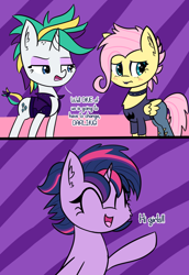 Size: 1400x2036 | Tagged: safe, artist:artiks, character:fluttershy, character:rarity, character:twilight sparkle, species:pegasus, species:pony, episode:it isn't the mane thing about you, episode:the road less scheduled, g4, my little pony: friendship is magic, my little pony:equestria girls, 2 panel comic, alternate hairstyle, blushing, choker, clothing, comic, darling, dialogue, equestria girls outfit, eyes closed, eyeshadow, female, flutterpunk, jacket, lipstick, makeup, mare, metalshy, punk, punkity, punklight sparkle, the road less scheduled: fluttershy