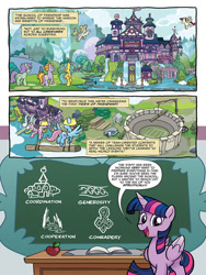 Size: 768x1024 | Tagged: safe, artist:tonyfleecs, idw, official comic, character:auburn vision, character:citrine spark, character:fire quacker, character:sugar maple, character:summer breeze, character:twilight sparkle, character:twilight sparkle (alicorn), character:violet twirl, species:alicorn, species:earth pony, species:pegasus, species:pony, species:unicorn, comic, dialogue, female, friendship student, hard hat, hat, mare, narration, preview, school of friendship, speech bubble, stadium