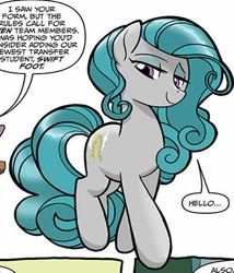 Size: 352x411 | Tagged: safe, artist:tonyfleecs, idw, official comic, species:earth pony, species:pony, beautiful, cropped, cutie mark, dialogue, female, hooves, lidded eyes, mare, offscreen character, smiling, solo, speech bubble, swift foot, thracian