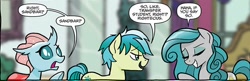 Size: 694x225 | Tagged: safe, artist:tonyfleecs, idw, official comic, character:ocellus, character:sandbar, species:changeling, species:earth pony, species:pony, species:reformed changeling, dialogue, eyes closed, female, male, mare, speech bubble, swift foot, trio