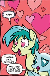 Size: 240x364 | Tagged: safe, artist:tonyfleecs, idw, official comic, character:ocellus, character:sandbar, species:changeling, species:earth pony, species:pony, species:reformed changeling, dialogue, female, heart, heart eyes, male, red background, simple background, speech bubble, wingding eyes