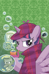 Size: 1186x1800 | Tagged: safe, artist:thomzahler, idw, character:spike, character:twilight sparkle, character:twilight sparkle (alicorn), species:alicorn, species:dragon, species:pony, bubble pipe, clothing, cover, deerstalker, detective, female, hat, looking at you, looking back, looking back at you, male, mare, pipe, sherlock holmes, silver blaze, turtle
