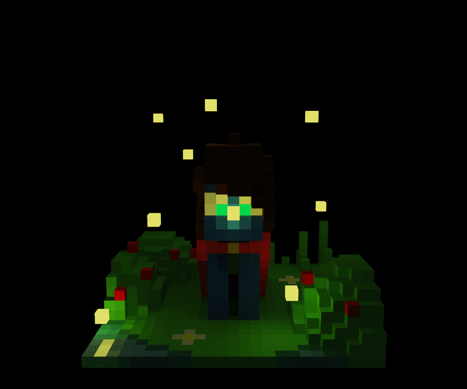 Size: 960x800 | Tagged: safe, artist:sugar morning, oc, oc only, oc:bizarre song, species:pegasus, species:pony, 3d, animated, cape, clothing, firefly, gif, jewelry, magicavoxel, male, necklace, riverbank, solo, stallion, standing, turntable, voxel art