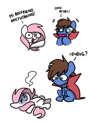 Size: 382x497 | Tagged: safe, artist:sugar morning, oc, oc only, oc:bizarre song, oc:sugar morning, species:pony, blue face, bust, cape, chibi, clothing, comic, couple, dead, death, doodle, female, giving up the ghost, i'm baby, lying down, male, mare, misspelling, pointing, portrait, simple background, sitting, stallion, straight, sugarre, teary eyes, text, white background, x eyes