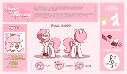 Size: 2550x1500 | Tagged: safe, artist:sugar morning, oc, oc only, oc:sugar morning, species:pegasus, species:pony, ahegao, angry, bandana, emotions, female, heart, lewd, mare, open mouth, reference sheet, sad, simple background, solo, standing, text
