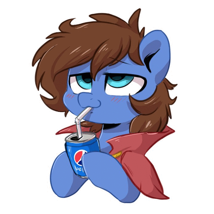 Size: 750x750 | Tagged: safe, artist:oofycolorful, artist:sugar morning, oc, oc only, oc:bizarre song, species:pony, animated, bedroom eyes, bepis, blinking, bust, can, cape, clothing, commission, cute, drink, looking up, male, onomatopoeia, pepsi, portrait, simple background, soda, solo, stallion, straw, text, white background, your character here