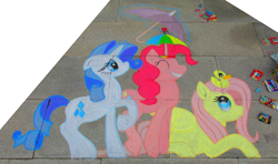 Size: 4572x2711 | Tagged: safe, artist:malte279, character:fluttershy, character:pinkie pie, character:rarity, species:pony, chalk drawing, clothing, duckling, galacon, galacon 2019, hat, rain, traditional art, umbrella, umbrella hat