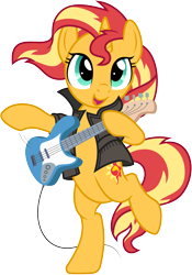 Size: 6007x8603 | Tagged: safe, artist:pirill, idw, character:sunset shimmer, species:pony, species:unicorn, absurd resolution, bass guitar, bipedal, clothing, cute, female, guitar, idw showified, jacket, musical instrument, raised leg, shimmerbetes, show accurate, simple background, smiling, solo, sunset shredder, transparent background, vector