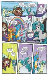 Size: 993x1528 | Tagged: safe, artist:tonyfleecs, idw, official comic, character:gallus, character:ocellus, character:sandbar, character:silverstream, character:smolder, character:yona, species:changeling, species:classical hippogriff, species:dragon, species:earth pony, species:griffon, species:hippogriff, species:pony, species:reformed changeling, species:yak, bow, cloven hooves, comic, dialogue, dragoness, excited, female, flirting, folded wings, hair bow, horns, male, onomatopoeia, preview, rainbow, school of friendship, shipping fuel, shove, shy, speech bubble, student six, swift foot, teenaged dragon, teenager, wings, young mare