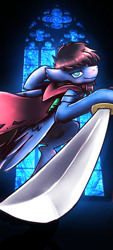 Size: 348x768 | Tagged: safe, artist:sugar morning, oc, oc only, oc:bizarre song, species:pegasus, species:pony, cape, clothing, jewelry, necklace, solo, stained glass, sword, weapon