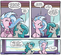 Size: 693x623 | Tagged: safe, artist:tonyfleecs, idw, official comic, character:silverstream, species:earth pony, species:hippogriff, species:pony, comic, dialogue, duo, female, mare, speech bubble, swift foot, thracian