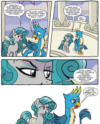 Size: 701x871 | Tagged: safe, artist:tonyfleecs, idw, official comic, character:gallus, species:earth pony, species:griffon, species:pony, comic, dialogue, duo, female, male, mare, speech bubble, swift foot, thracian