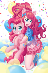 Size: 1200x1809 | Tagged: safe, artist:dstears, kotobukiya, character:pinkie pie, species:human, species:pony, clothing, cute, diapinkes, duo, female, holding a pony, hug, human ponidox, humanized, kotobukiya pinkie pie, mare, self ponidox, shoes, smiling
