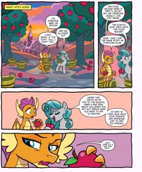 Size: 2086x2526 | Tagged: safe, artist:tonyfleecs, idw, official comic, character:smolder, species:dragon, species:earth pony, species:pony, apple, apple tree, comic, dialogue, dragoness, duo, female, food, manipulation, mare, speech bubble, sweet apple acres, swift foot, tree