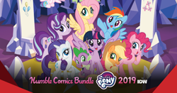 Size: 1200x630 | Tagged: safe, idw, character:applejack, character:fluttershy, character:pinkie pie, character:princess flurry heart, character:rainbow dash, character:rarity, character:spike, character:starlight glimmer, character:twilight sparkle, character:twilight sparkle (alicorn), species:alicorn, species:earth pony, species:pegasus, species:pony, species:unicorn, female, friendship throne, humble bundle, male, mane seven, mane six, mare, spread wings, wings