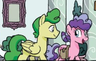 Size: 191x123 | Tagged: safe, artist:tonyfleecs, idw, official comic, character:berry blend, character:berry bliss, character:huckleberry, species:pegasus, species:pony, background pony, cropped, duo, female, friendship student, male, mare, saddle bag, smiling, stallion, wings