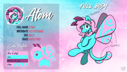 Size: 3840x2160 | Tagged: safe, artist:sugar morning, oc, oc only, oc:atom, species:mothpony, species:pony, colorful, commission, male, original species, reference sheet, solo, stallion, text