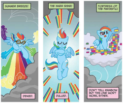 Size: 862x722 | Tagged: safe, artist:tonyfleecs, idw, official comic, character:rainbow dash, species:pegasus, species:pony, cloud, comic, eyes closed, female, flying, goggles, idw micro series, lego, mare, rainbow