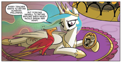 Size: 1122x586 | Tagged: safe, artist:amy mebberson, idw, official comic, character:philomena, character:princess celestia, species:alicorn, species:bird, species:phoenix, species:pony, comic, crown, dialogue, duo, ethereal mane, female, hoof shoes, idw micro series, jewelry, mare, peytral, picture, professor inkwell, prone, regalia, speech bubble