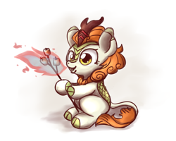 Size: 1000x800 | Tagged: safe, artist:sugar morning, character:autumn blaze, species:kirin, g4, awwtumn blaze, cloven hooves, colored hooves, cute, doodle, fire, fire breath, food, hooves, marshmallow, mundane utility, simple background, sitting, sketch, solo, stick, three quarter view, white background