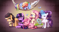 Size: 1800x1000 | Tagged: safe, artist:jumblehorse, idw, character:applejack, character:fluttershy, character:pinkie pie, character:rainbow dash, character:rarity, character:twilight sparkle, species:earth pony, species:pegasus, species:pony, species:unicorn, alternate hairstyle, alternate universe, book, chest fluff, clothing, feather, female, food, glasses, glowing horn, hammock, hat, horn, magic, mane six, mare, mirror universe, reading, reflections, salad, salad bowl, telekinesis, unshorn fetlocks