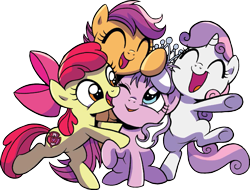 Size: 1291x980 | Tagged: safe, artist:brendahickey, idw, character:apple bloom, character:diamond tiara, character:scootaloo, character:sweetie belle, species:pegasus, species:pony, background removed, cute, cutie mark crusaders, female, group hug, hug, simple background, smiling, tiaralove, transparent background