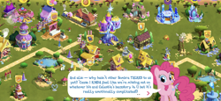 Size: 2436x1125 | Tagged: safe, gameloft, idw, character:apple bloom, character:bori, character:pinkie pie, character:princess celestia, character:rarity, character:sandbar, character:snips, character:sweetie belle, species:earth pony, species:pony, glamor trot, implied good king sombra, ponyville, reflections