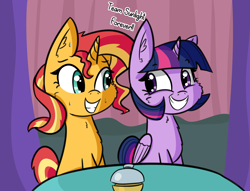 Size: 2505x1909 | Tagged: safe, artist:artiks, character:sunset shimmer, character:twilight sparkle, character:twilight sparkle (alicorn), species:alicorn, species:pony, species:unicorn, ship:sunsetsparkle, episode:a trivial pursuit, g4, my little pony: friendship is magic, female, lesbian, mare, shipping, smiling, sweat, table