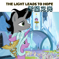 Size: 720x720 | Tagged: safe, artist:happydream, idw, character:king sombra, character:radiant hope, species:crystal pony, species:pony, species:unicorn, ship:hopebra, caduceus, chinese, crystal empire, female, male, shipping, straight