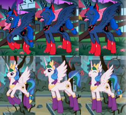 Size: 531x487 | Tagged: safe, gameloft, idw, character:princess celestia, character:princess luna, species:alicorn, species:pony, collage, cute, cutelestia, evil celestia, evil luna, evil sisters, happy, idw showified, laughing, lunabetes, reflections, roar