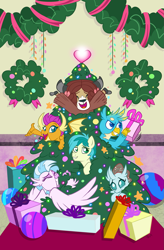 Size: 1179x1800 | Tagged: safe, artist:nanook123, idw, character:gallus, character:ocellus, character:sandbar, character:silverstream, character:smolder, character:yona, episode:hearth's warming eve, g4, my little pony: friendship is magic, christmas, christmas presents, christmas tree, cover, cute, diaocelles, diastreamies, gallabetes, hearth's warming, heartwarming, holiday, sandabetes, smolderbetes, student six, tree, wreath, yonadorable