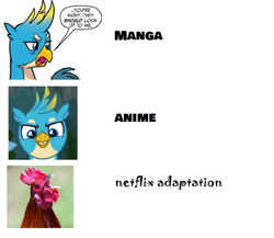 Size: 718x624 | Tagged: safe, artist:horsesplease, idw, character:gallus, species:bird, species:rooster, episode:uprooted, g4, my little pony: friendship is magic, crowing, gallus the rooster, meme, netflix, netflix adaptation