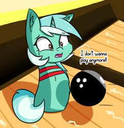 Size: 1993x2051 | Tagged: safe, artist:artiks, character:lyra heartstrings, species:pony, species:unicorn, bowling, bowling ball, bowling pin, bust, cheek fluff, chest fluff, dialogue, ear fluff, female, frown, horn, mare, object pony, open mouth, original species, ponified, scared, solo, this will end in pain, this will end in tears, wat, wide eyes