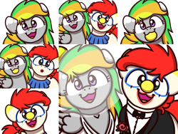 Size: 2048x1536 | Tagged: safe, artist:sugar morning, oc, oc:jester jokes, oc:odd inks, species:earth pony, species:pegasus, species:pony, adorable face, bow tie, clothing, clown, clown makeup, clown nose, cute, dress, female, flower, jewelry, makeup, male, mane bun, mare, marriage, married couple, necklace, rose, stallion, sugar morning's smiling ponies, tuxedo, wedding, wedding dress, wedding veil