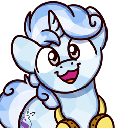 Size: 1000x1000 | Tagged: safe, artist:sugar morning, oc, oc only, oc:snowy charm, species:crystal pony, species:pony, species:unicorn, bust, cat face, cat smile, commission, crystal pony oc, headphones, looking at you, male, simple background, smiling, smiling at you, solo, stallion, sugar morning's smiling ponies, transparent background, ych result