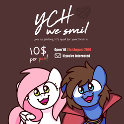 Size: 2000x2000 | Tagged: safe, artist:sugar morning, oc, oc only, oc:bizarre song, oc:sugar morning, species:pegasus, species:pony, advertisement, announcement, cape, clothing, commission, simple background, sugar morning's smiling ponies, text, your character here