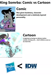 Size: 1444x2188 | Tagged: safe, idw, screencap, character:king sombra, character:radiant hope, ship:hopebra, episode:the crystal empire, g4, my little pony: friendship is magic, comparison, female, hasbro logo, male, shipping, sombra drama, sombra eyes, straight, text