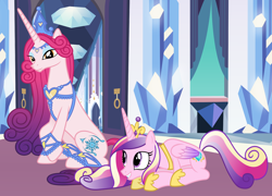 Size: 4640x3336 | Tagged: safe, artist:3d4d, artist:90sigma, artist:sollace, idw, character:princess amore, character:princess cadance, crystal empire, cute, cutedance, cutie mark, horn, long horn, mother and daughter, sitting, smiling
