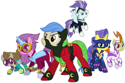 Size: 7500x5000 | Tagged: safe, alternate version, artist:90sigma, artist:lucefudu, idw, character:fili-second, character:masked matter-horn, character:mistress marevelous, character:radiance, character:saddle rager, character:zapp, species:earth pony, species:pegasus, species:pony, species:unicorn, episode:power ponies, g4, my little pony: friendship is magic, .svg available, 3d, gmod, idw showified, simple background, source filmmaker, svg, transparent background, vector