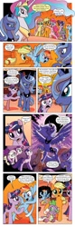 Size: 651x1963 | Tagged: safe, artist:amy mebberson, edit, idw, character:applejack, character:fluttershy, character:pinkie pie, character:princess luna, character:rainbow dash, character:twilight sparkle, character:twilight sparkle (unicorn), species:alicorn, species:dragon, species:earth pony, species:pegasus, species:pony, species:unicorn, comic:friendship is dragons, angry, annoyed, bipedal, book, bookcase, comic, dialogue, ethereal mane, female, finger in mouth, flying, golden oaks library, hoof shoes, hug, looking up, male, mare, raised hoof, rearing, s1 luna, sad, scared, slit eyes, smiling, text edit